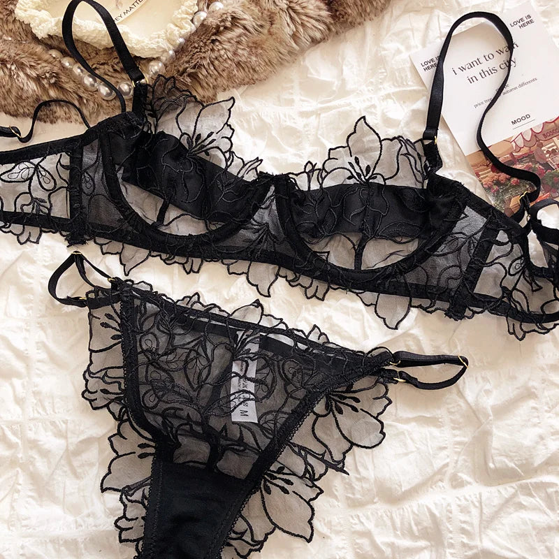 French Underwear Set Sexy Lace Flowers