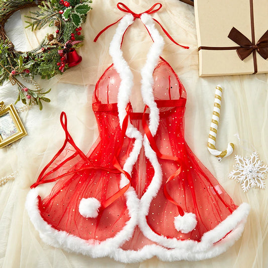 Semi-Transparent Sparkling Mesh Sexy Lingerie Christmas Nightdress Thong