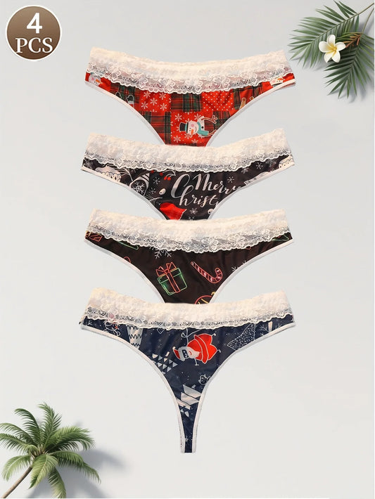4PCS women's thongs with Christmas