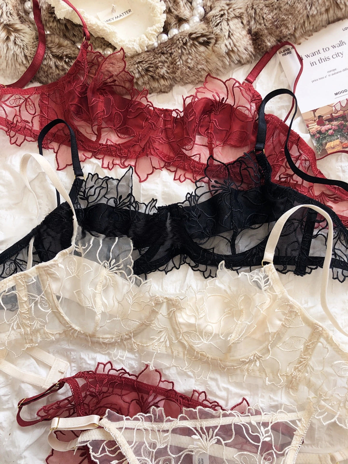 French Underwear Set Sexy Lace Flowers